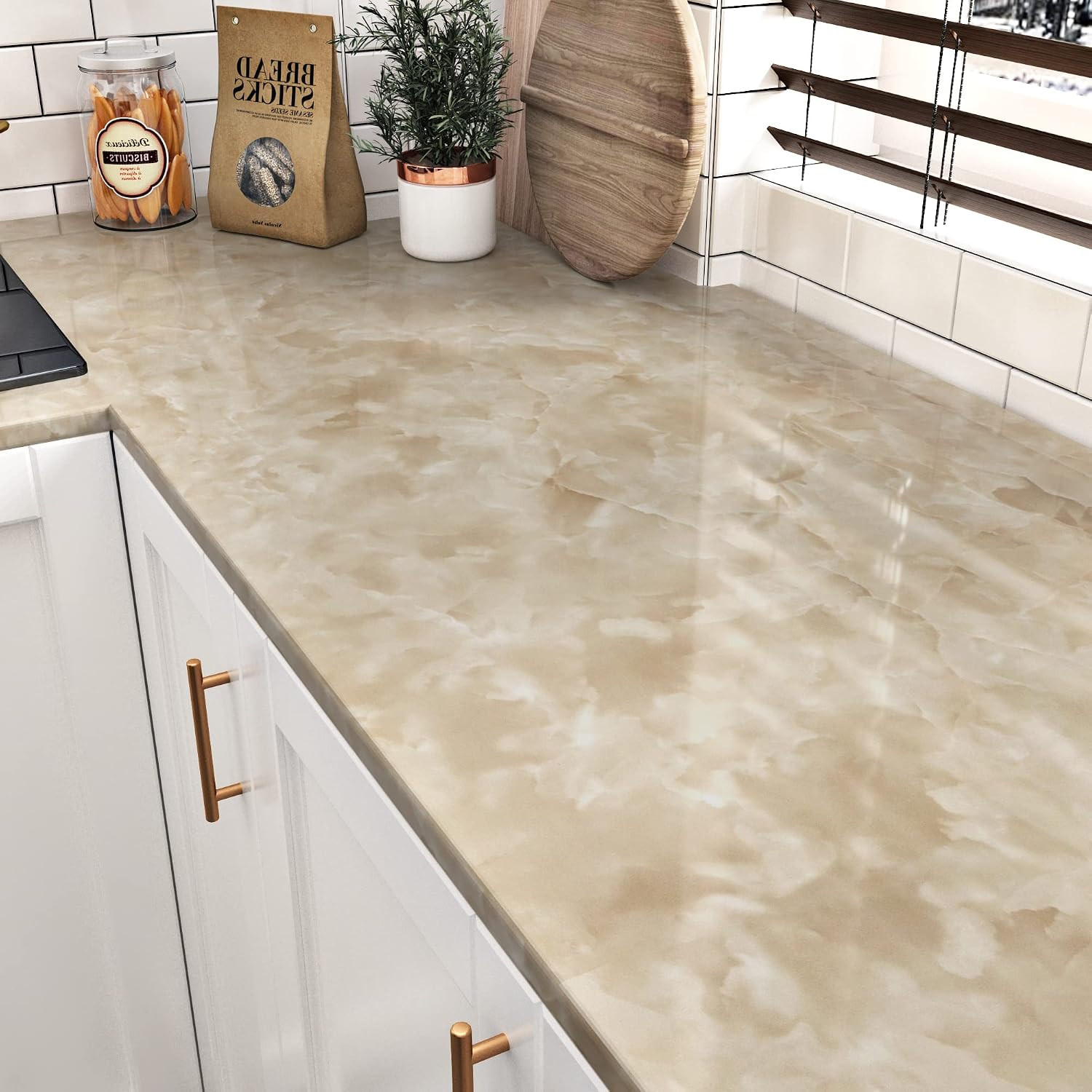 Glossy Beige Marble Contact Paper for Table Top Self Adhesive Shiny Marble Fi…