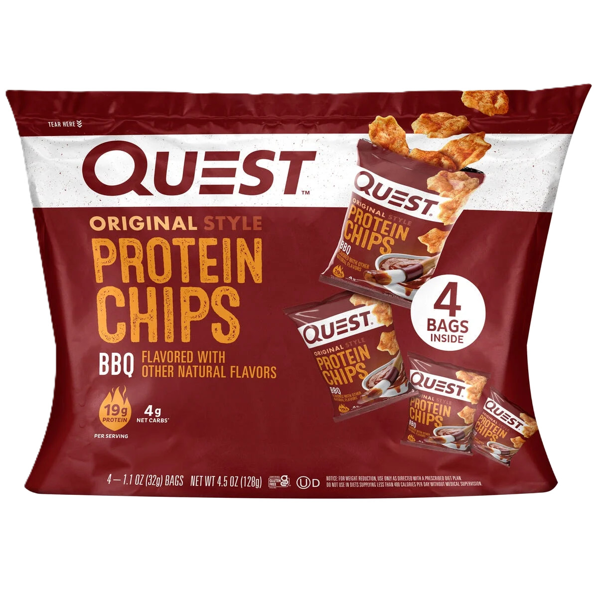 Quest Original Style Protein Chips, BBQ Flavor, Gluten Free, 1.1 oz, 4 Ct