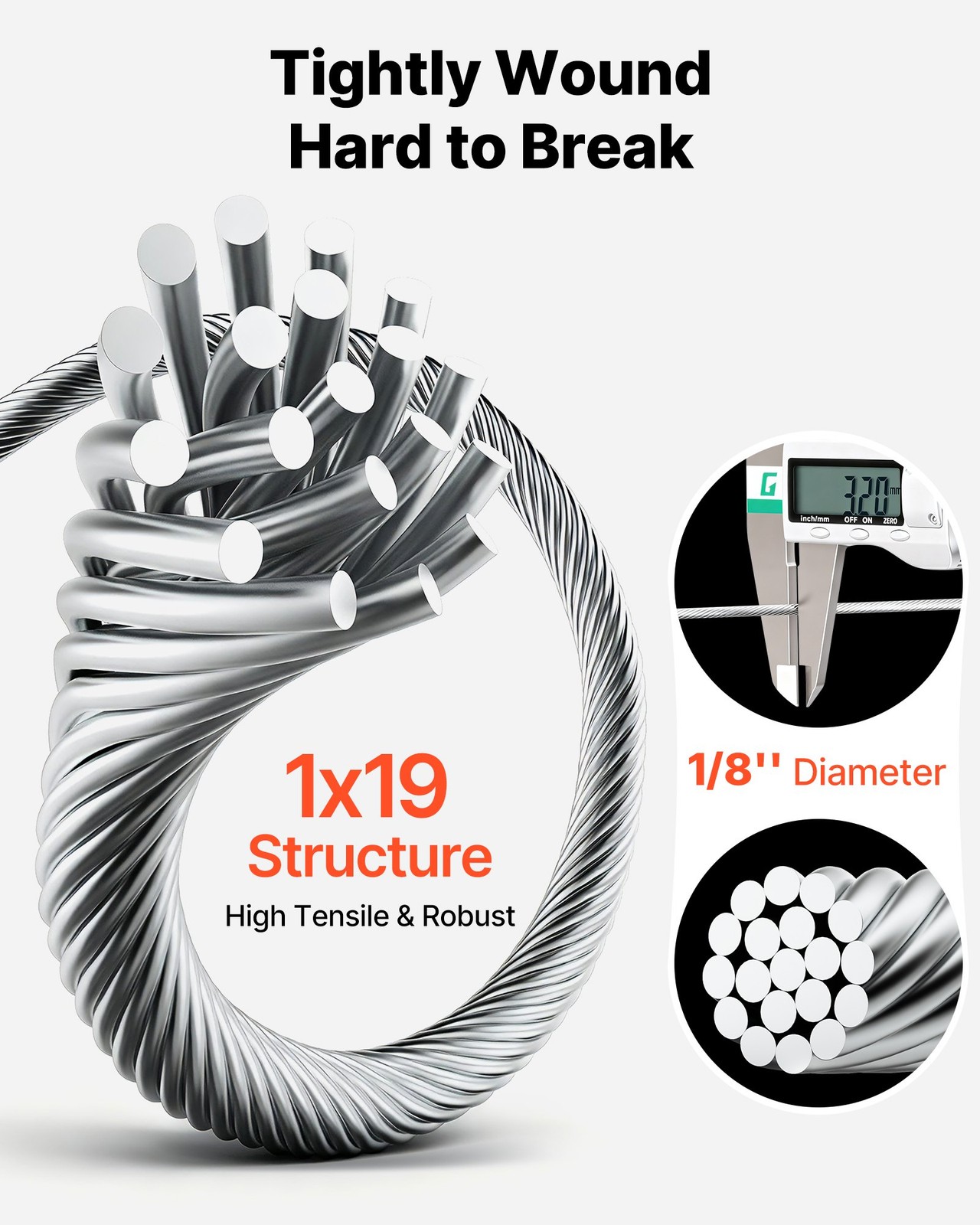 1/8 Inch Wire Rope, 1000 ft Length, 316 Stainless Steel Wire Cable with Cutter,