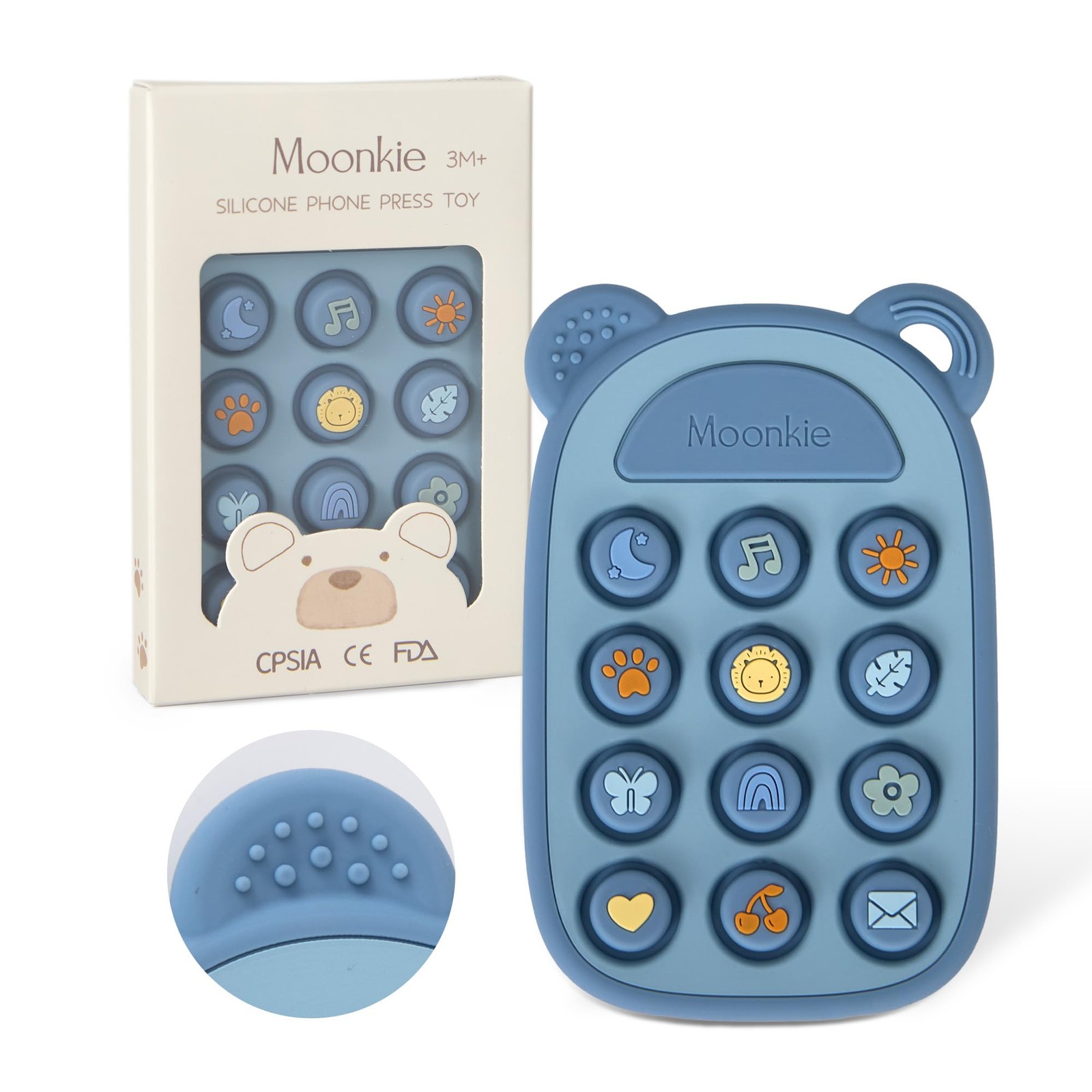 Moonkie Silicone Press Phone Teething Toy for Baby 3 Months+ | Soft BPA-Free Tee