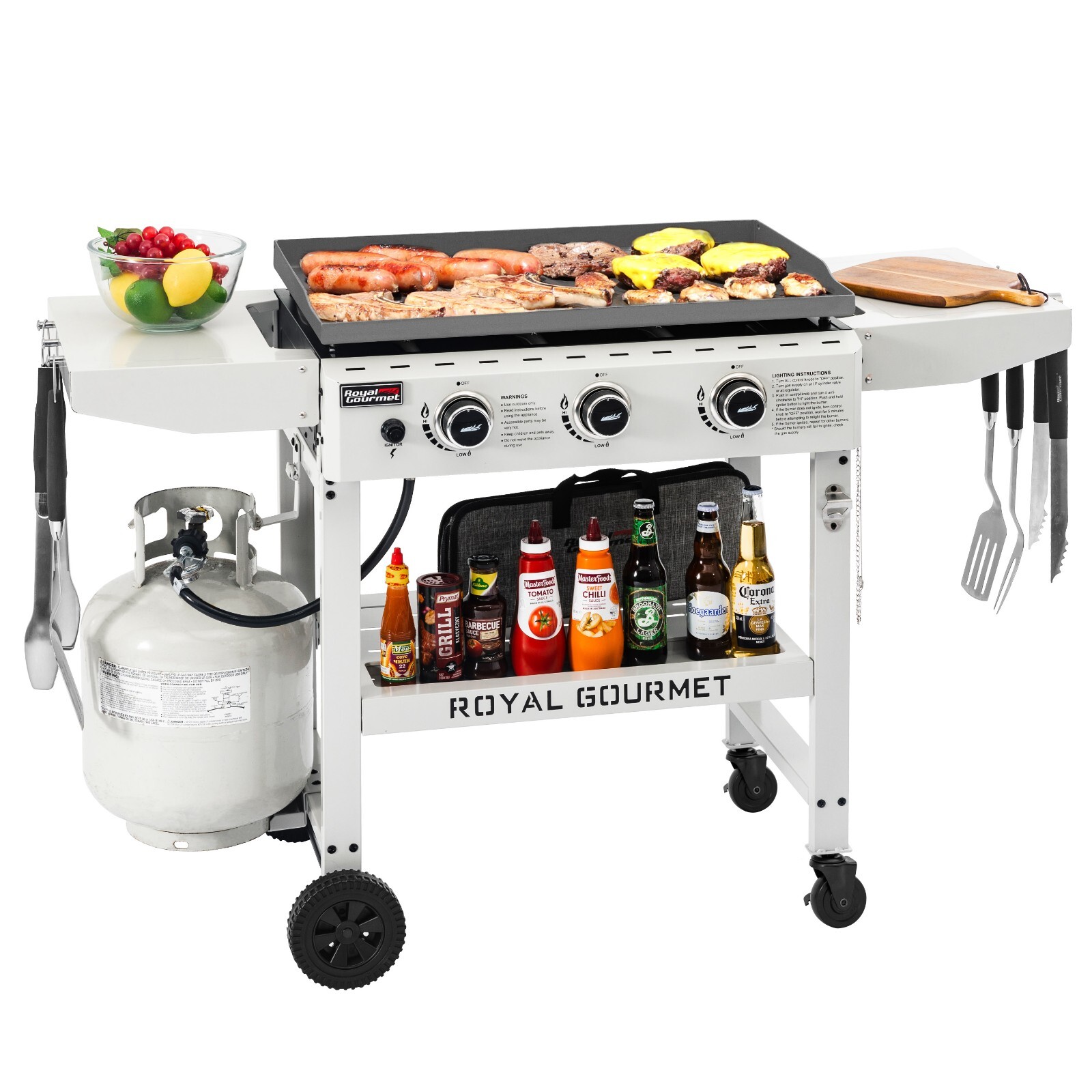 Royal Gourmet 28-Inch 3-Burner Propane Gas Griddle with Collapsible Side Shelves