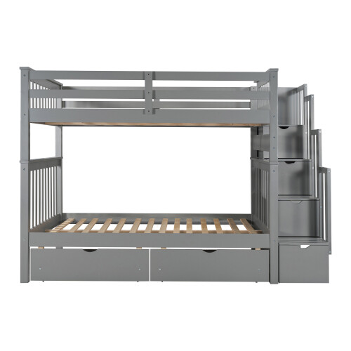 Full Over Full Bunk Bed w/ 6 Storage Drawers & Stairs For Kids Teens Adults Gray