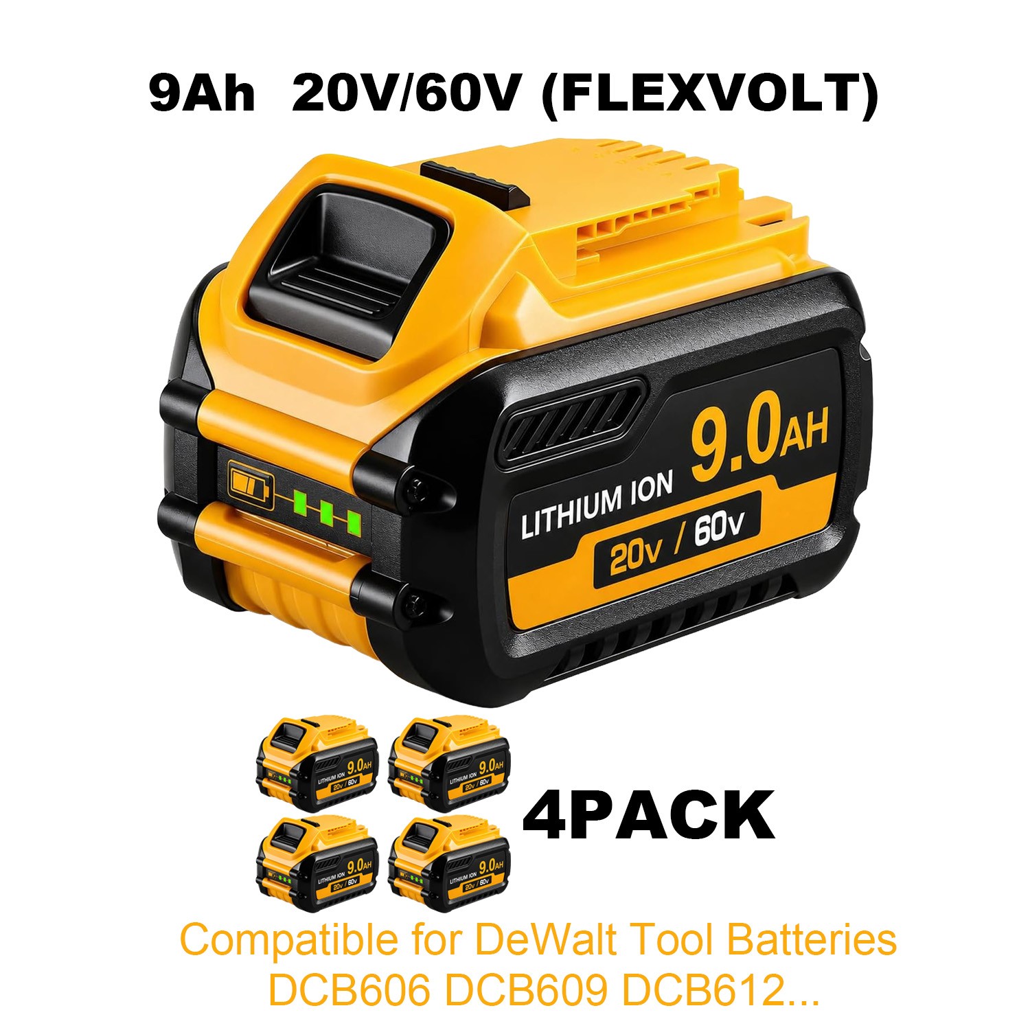 9Ah 4 Pack for DeWalt 20V MAX Tool Battery DCB606 612 609 High Capacity Li-Ion