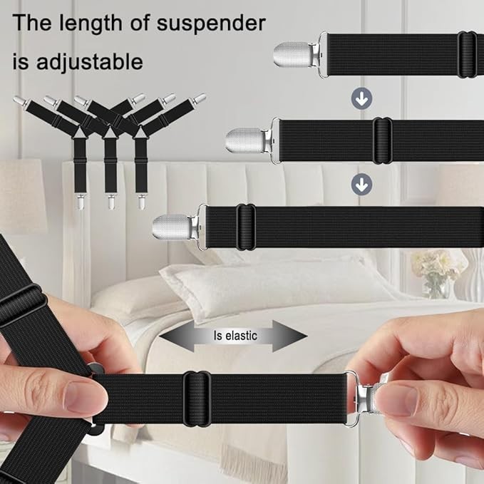 4Bed Sheet Fasteners Adjustable Elastic Suspenders Straps Mattress Covers Clips.
