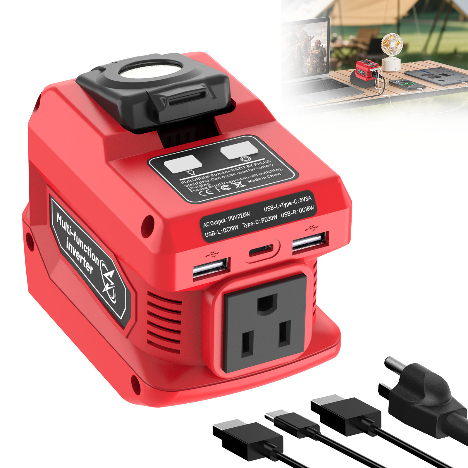 220W Power Inverter Compatible with Milwaukee 18V Battery，DC 18V to AC 110V