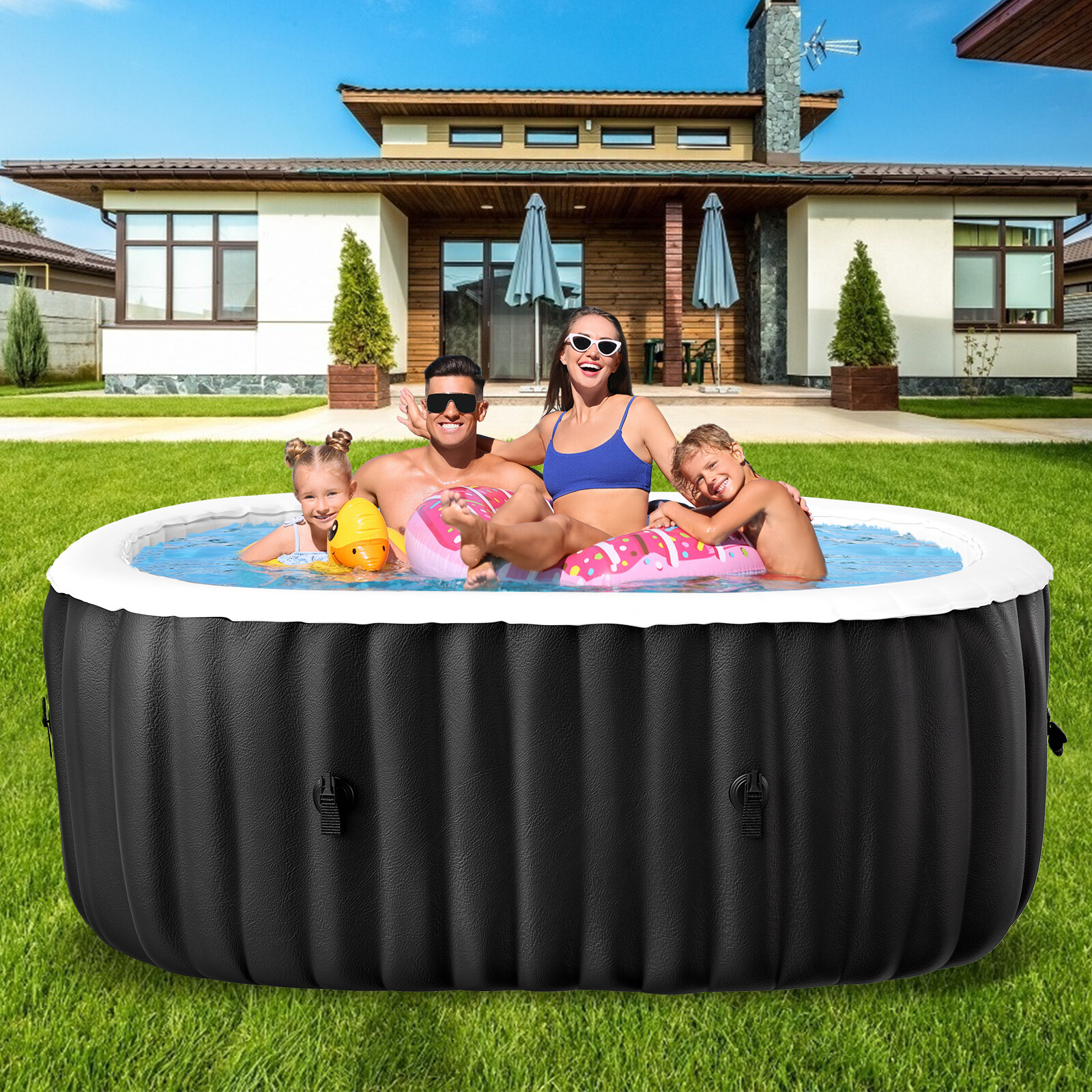 H&ZT 2 Person Inflatable Hot Tub w/Table Leak-Proof PVC Outdoor Spa 100 Air Jets