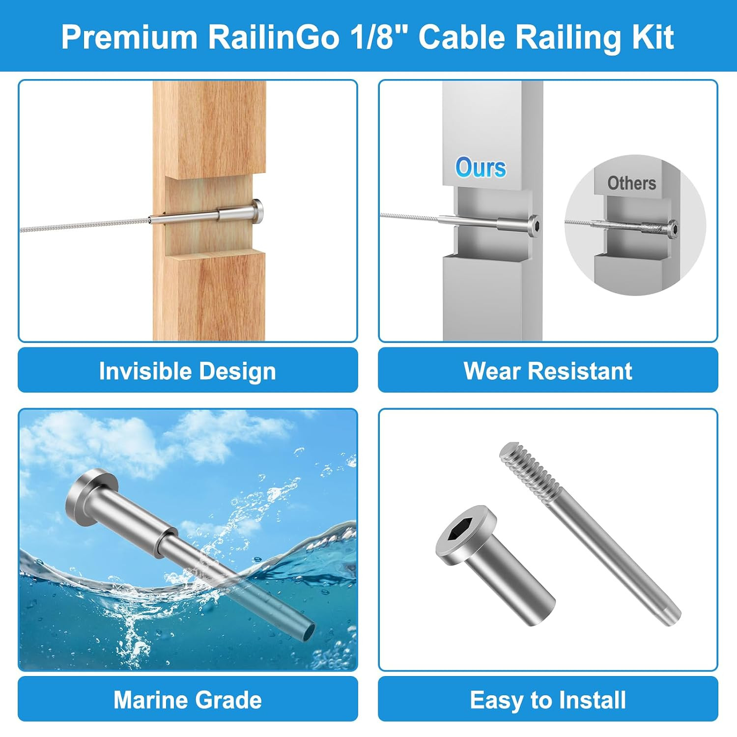 50Pack 1/8″ Invisible Cable Railing Kit, T316 Stainless Steel Invisible Receiver
