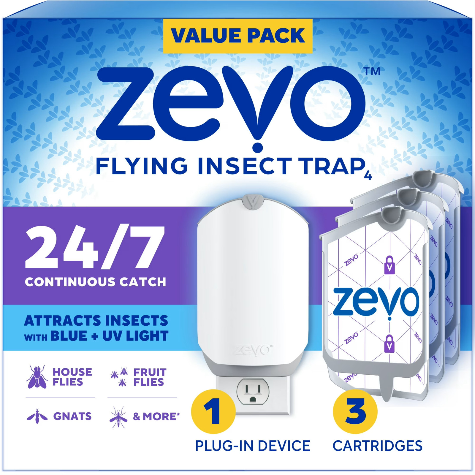Zevo Flying Insect Trap Starter Kit 1 Plug-In Base + 3 Refill Cartridges