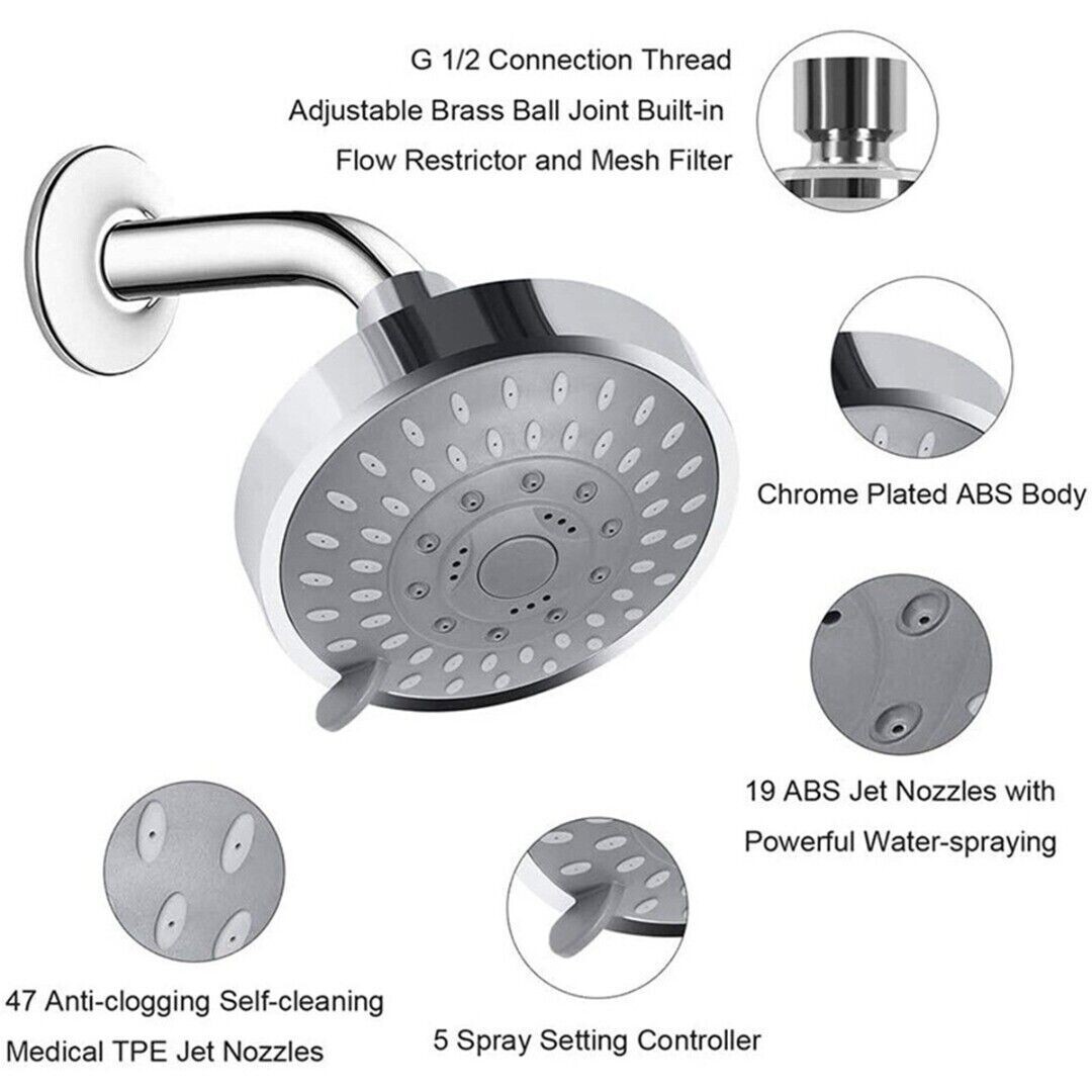 NEW Bath High Pressure Shower Head 5 Mode LARGE Chrome Handset Head Water Saving