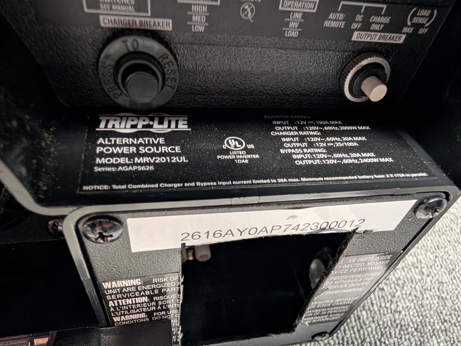 Tripp Lite mrv2012ul 2000w Inverter/Charger 12v UPS Hardwired
