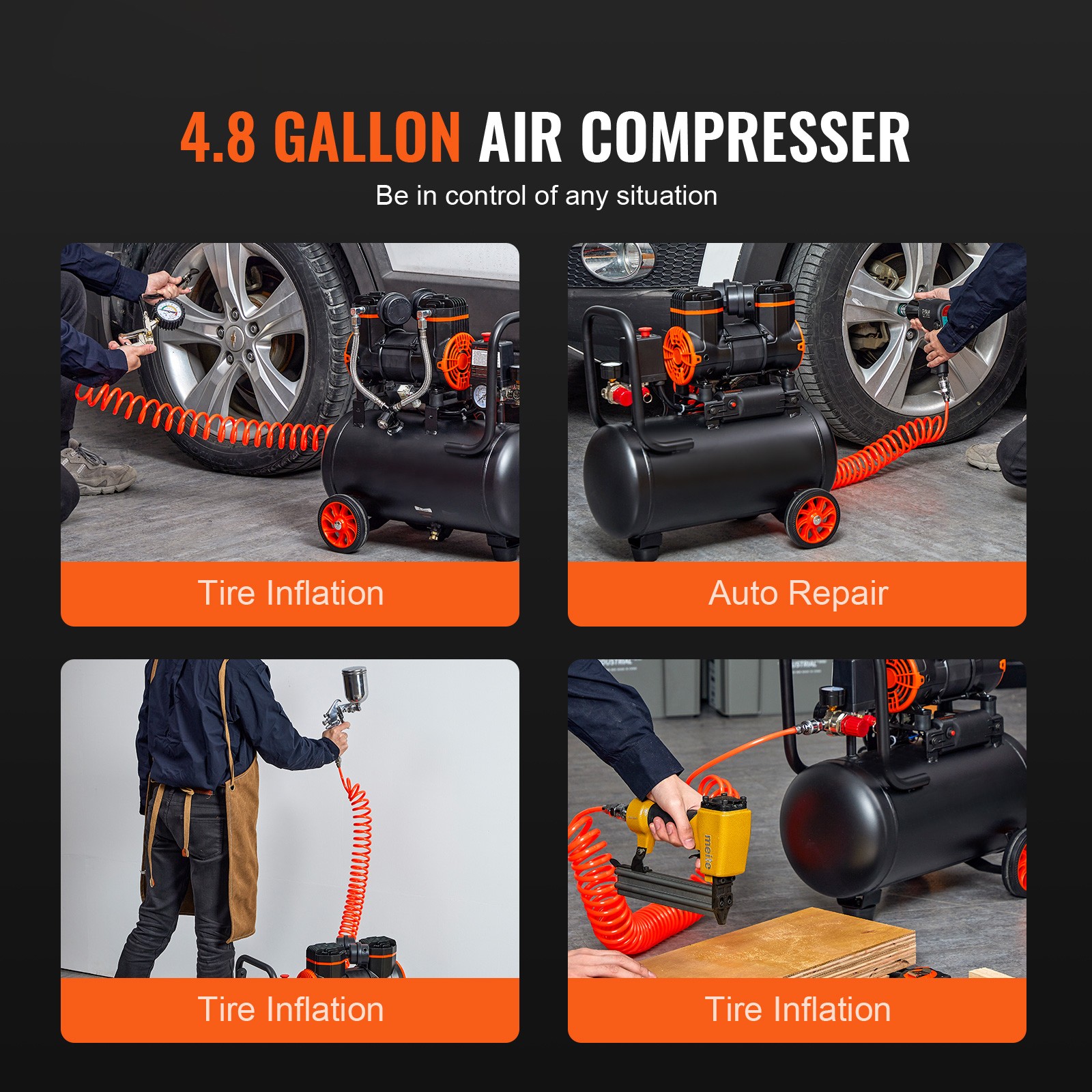 VEVOR Air Compressor 4.8 Gallon 900W 2.2 CFM@ 90PSI 70 dB Ultra Quiet Oil Free