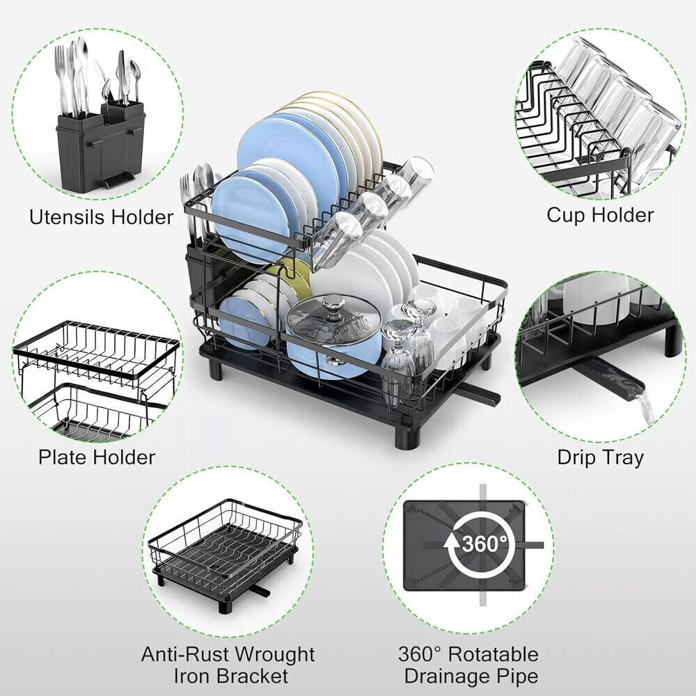 Over Sink Dish Drying Rack 2-Tier Stainless Steel Kitchen Shelf Cutlery Drainer