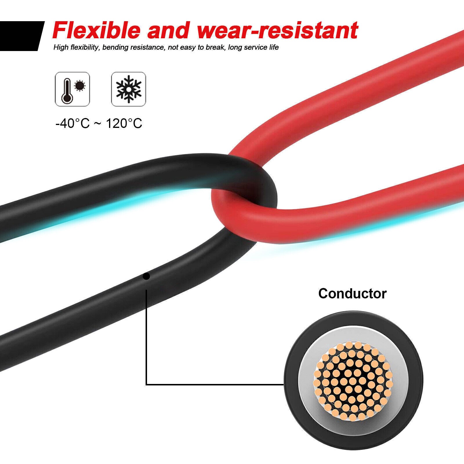 50ft Black + Red 10AWG Solar Panel Extension Cable Flexible Wire Connectors