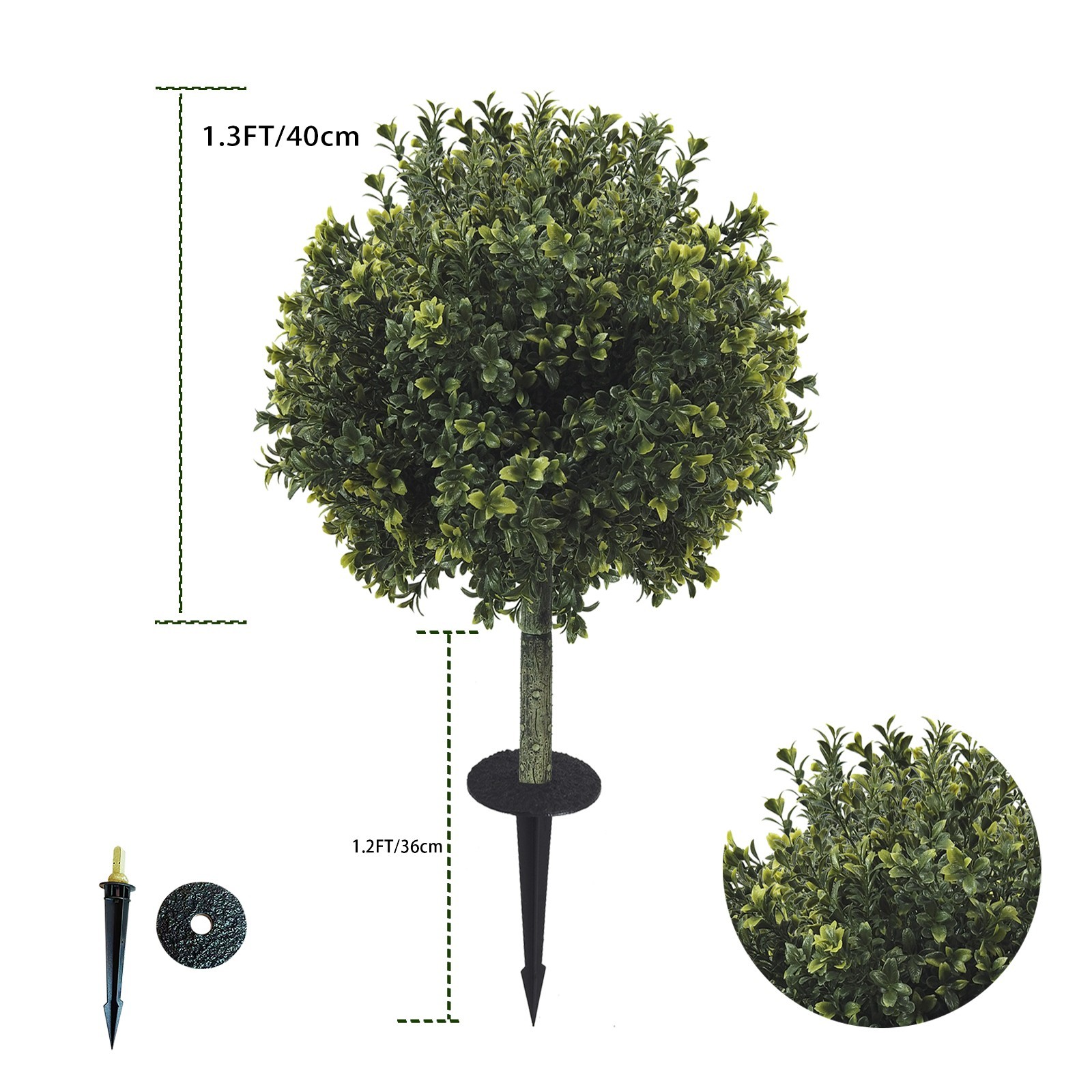 2 Pack Artificial Boxwood Topiary Ground Stake Fake Sphere Shrub Outdoor Garden