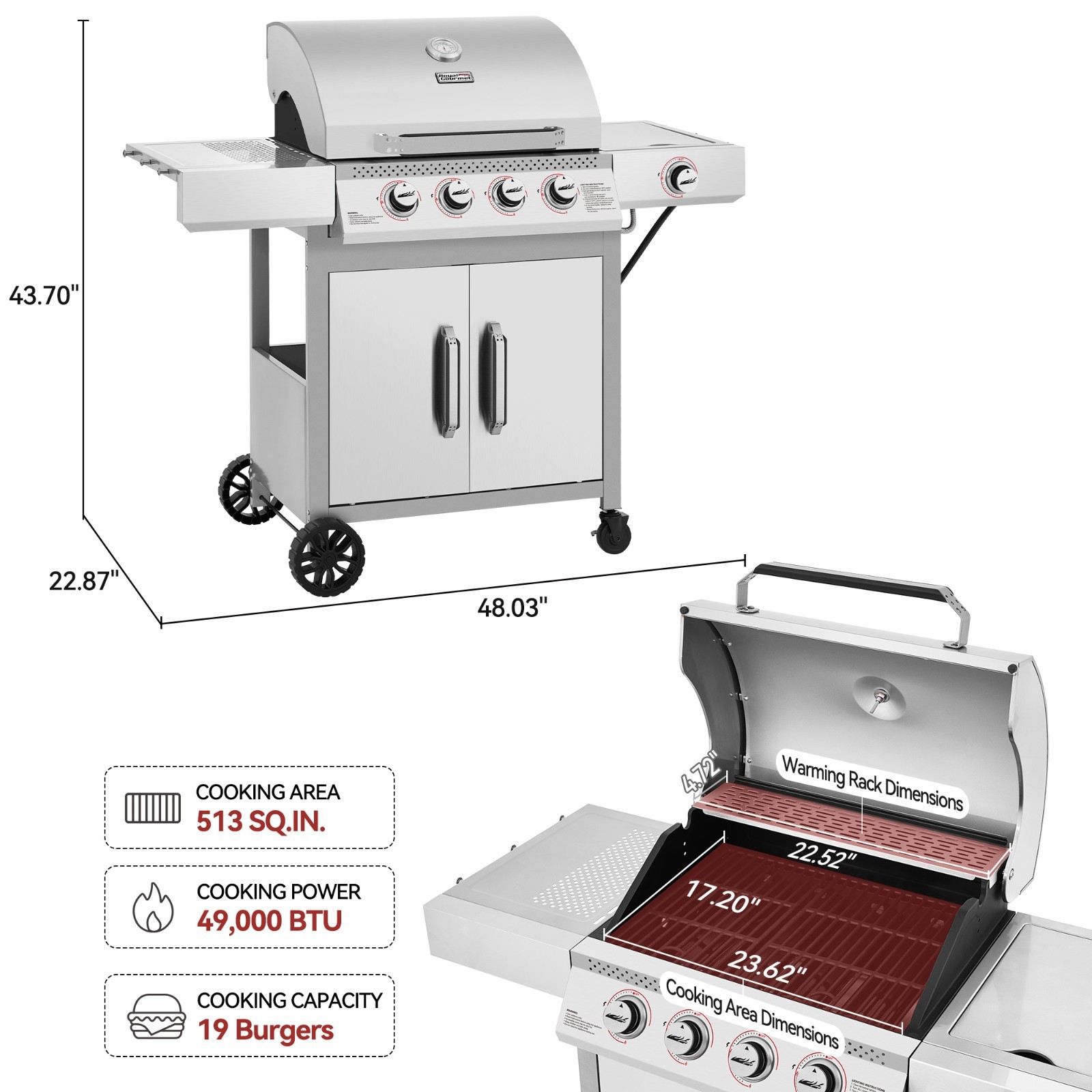 Royal Gourmet 4-Burner Gas Grill with Side Burner,49000 BTU for Backyard Cooking