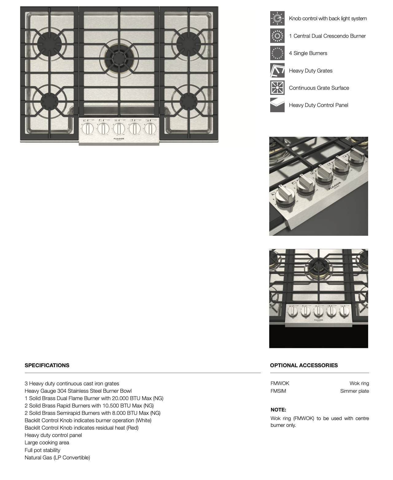 Fulgor Milano F6PGK305S2 30″ Sofia Pro Gas Cooktop 5 Brass Burner Italy Free S&H