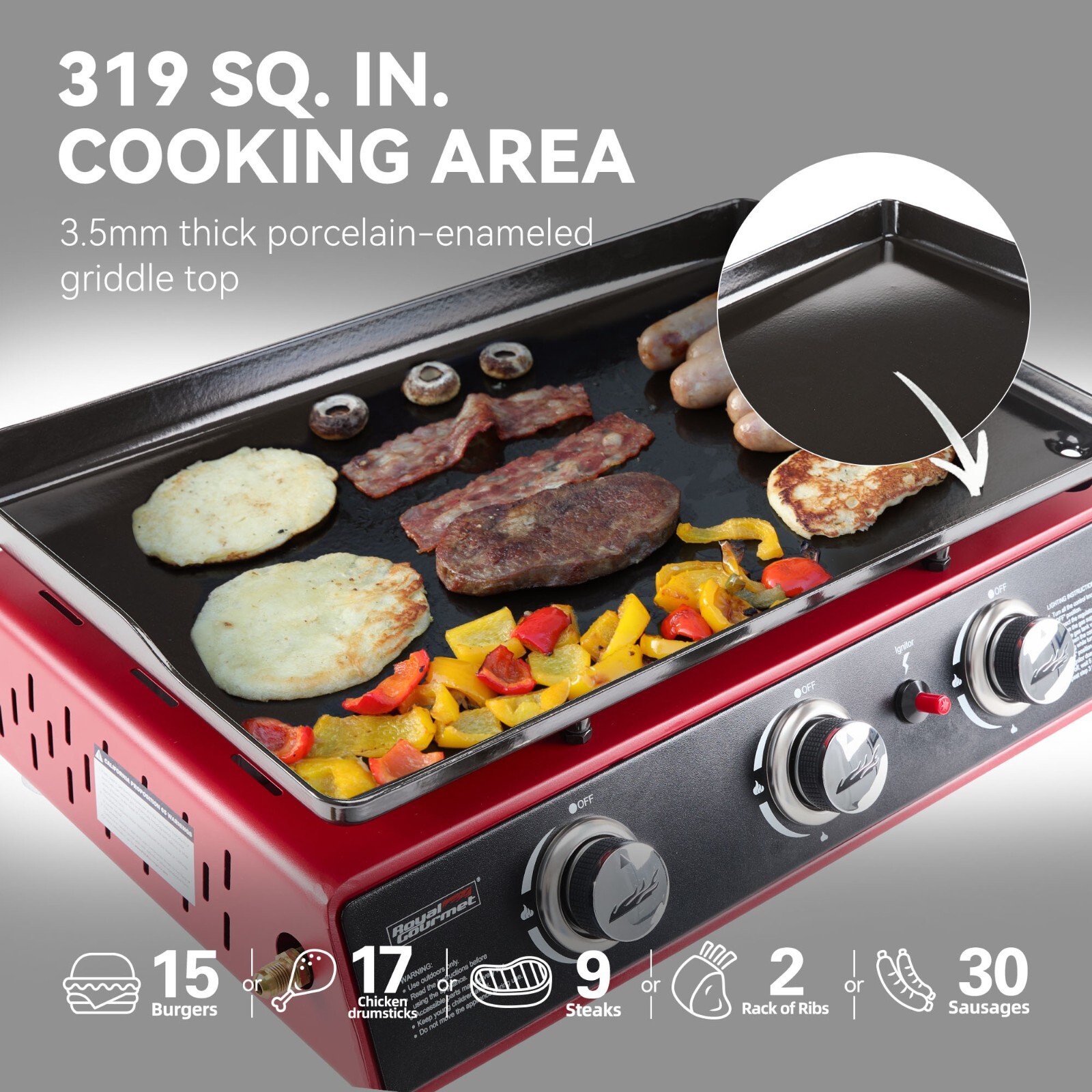 Royal Gourmet 3-Burner Portable Griddle Outdoor BBQ Tabletop Propane Gas Grill