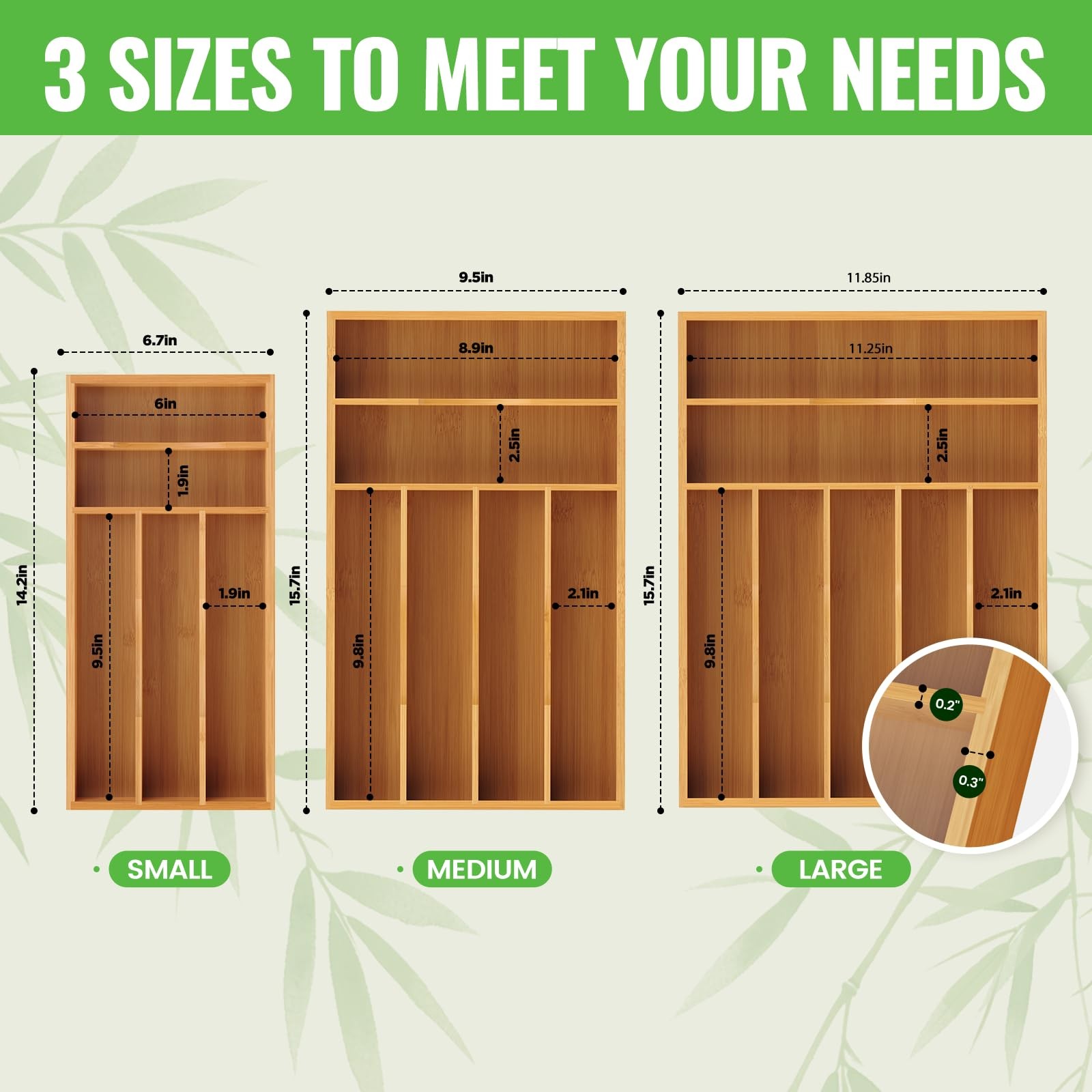 Bamboo Silverware Organizer for Kitchen Drawer Cutlery Utensil Tray 6.7×14.2 in.