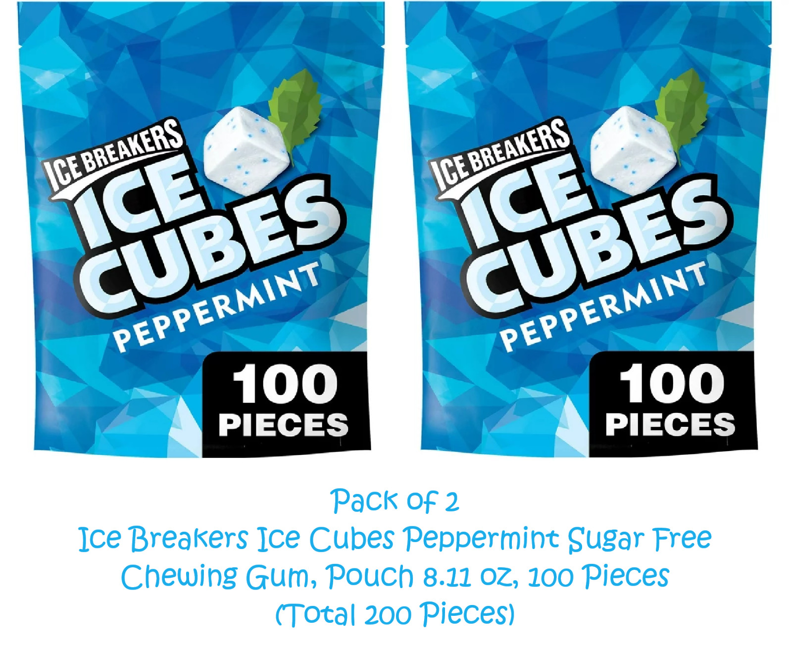 (Pack of 2) Ice Breakers Ice Cubes Peppermint Sugar Free Gum 8.11 oz 2x 100 pcs