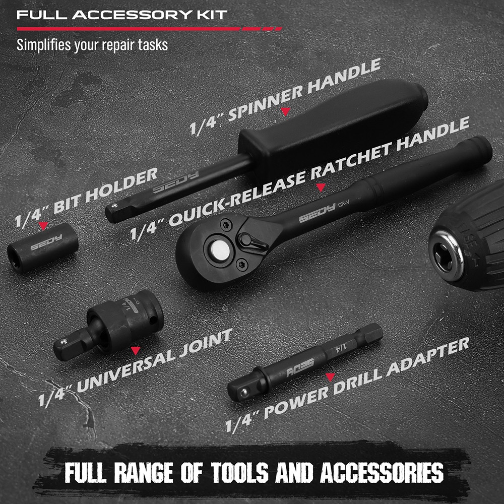 64PC 1/4″ Drive Impact Socket Wrench Bits Set Metric SAE Deep Shallow Ratchet S2