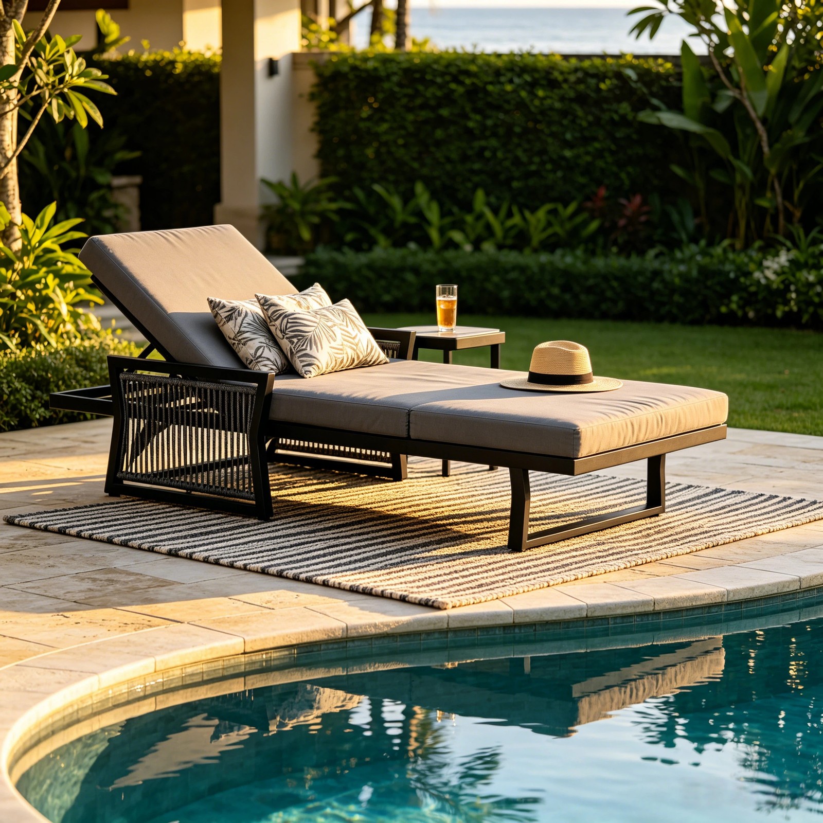 All-Black Chaise Lounge with 4″ Thick Dark Grey Cushion, 400 LBS Capacity