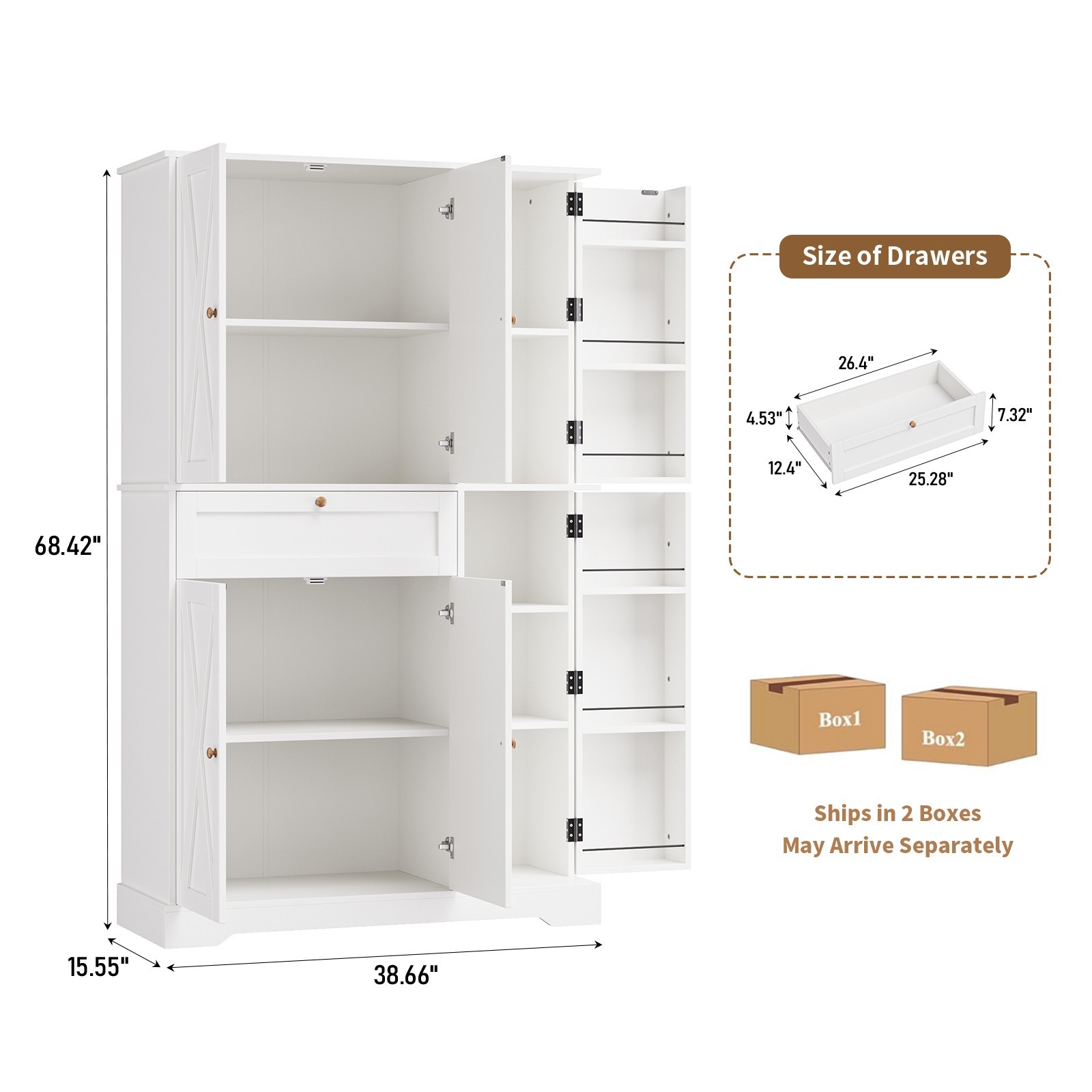 68″ Kitchen Pantry Cabinet, 6-Door Storage Hutch with Drawer & Shelves, White