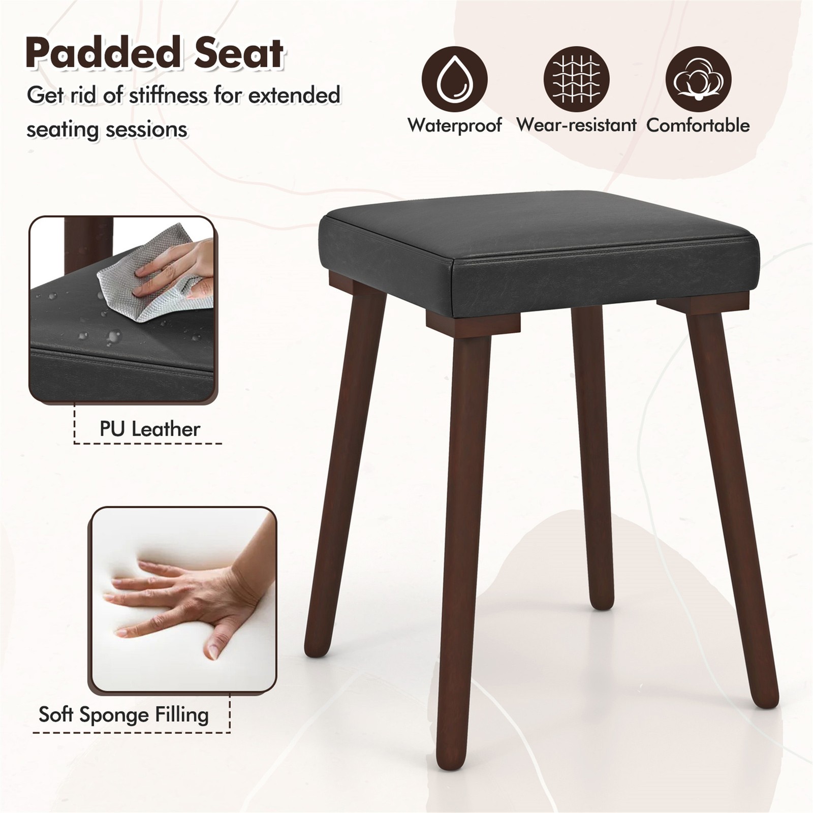 5PCS Dining Table Set for 4 w/ 4 Upholstered Stools Rubber Wood Legs for Kitchen