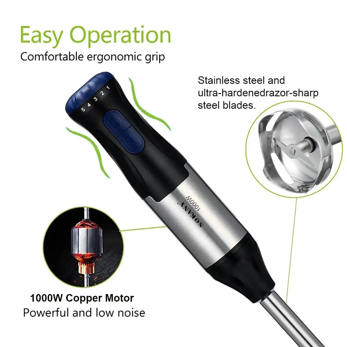 1000W 5 Speed 5 In 1 Immersion Electric Hand Blender Stick Chopper Mixer Juicer