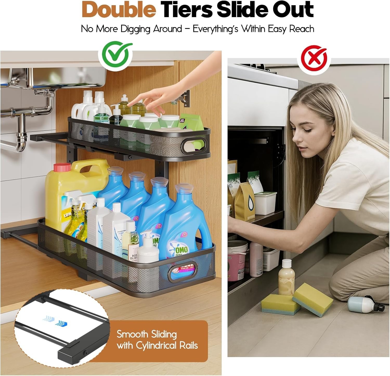 2 Pack 19.3IN-Depth Under Sink Organizer with Smooth Cylindrical Rail,2-Tier Pul