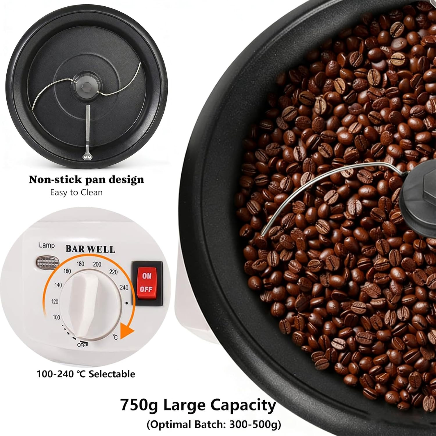 Electric Home Coffee Roaster – Adjustable Temp, 1.6 lbs Capacity, Smoke Reduced