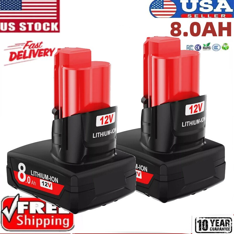 2PC 8.0AH Battery For Milwaukee for M12 Lithium Extended Capacity 48-11-2460