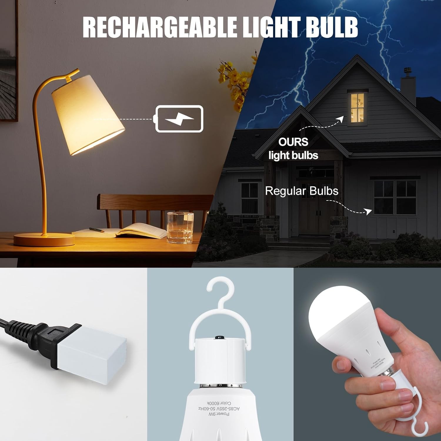 6 Pack Rechargeable Emergency Light Bulbs, Battery Powered LED Light Bulb 3000K