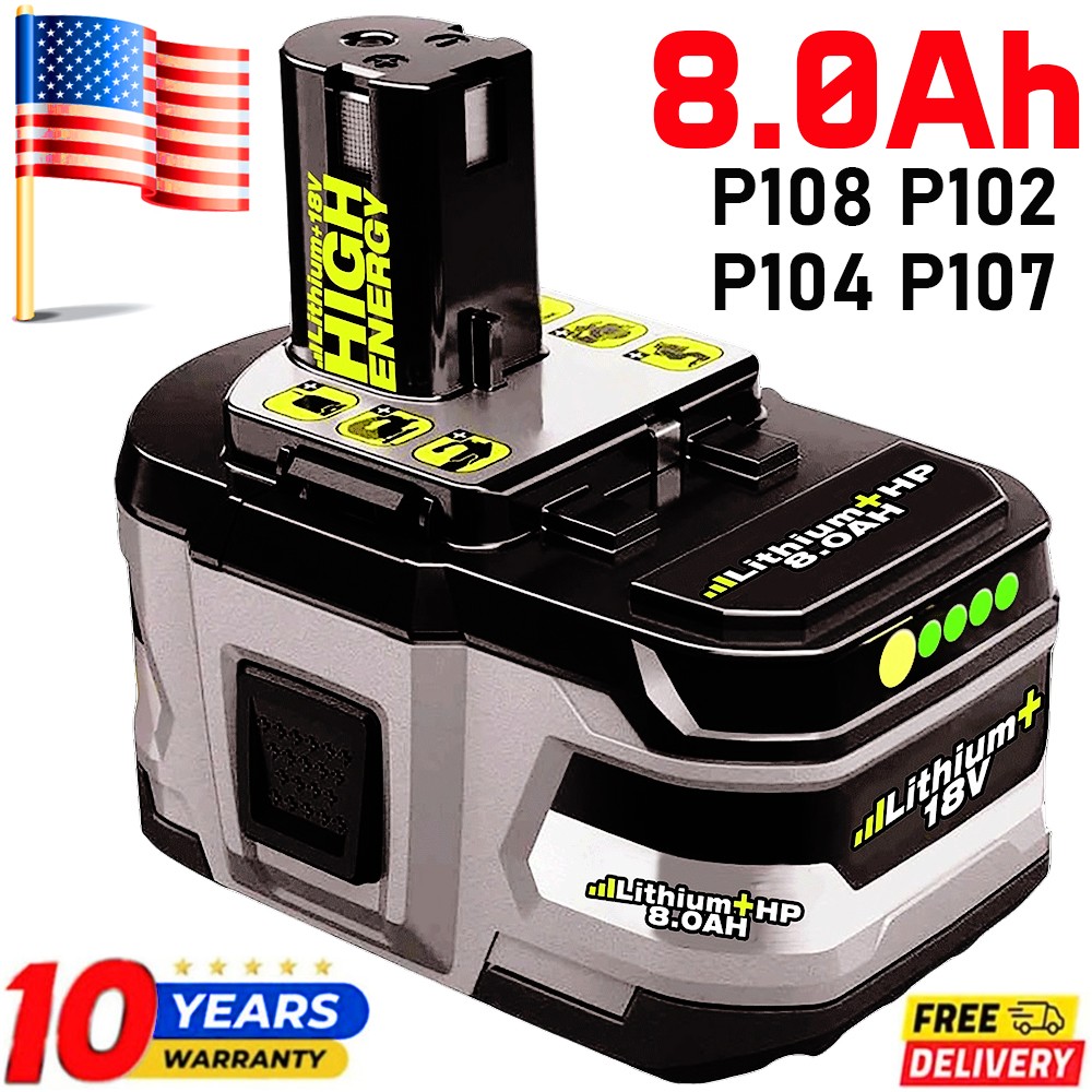 8.0Ah 18 Volt For RYOBI P108 18V For One Plus High Capacity Lithium Ion Battery