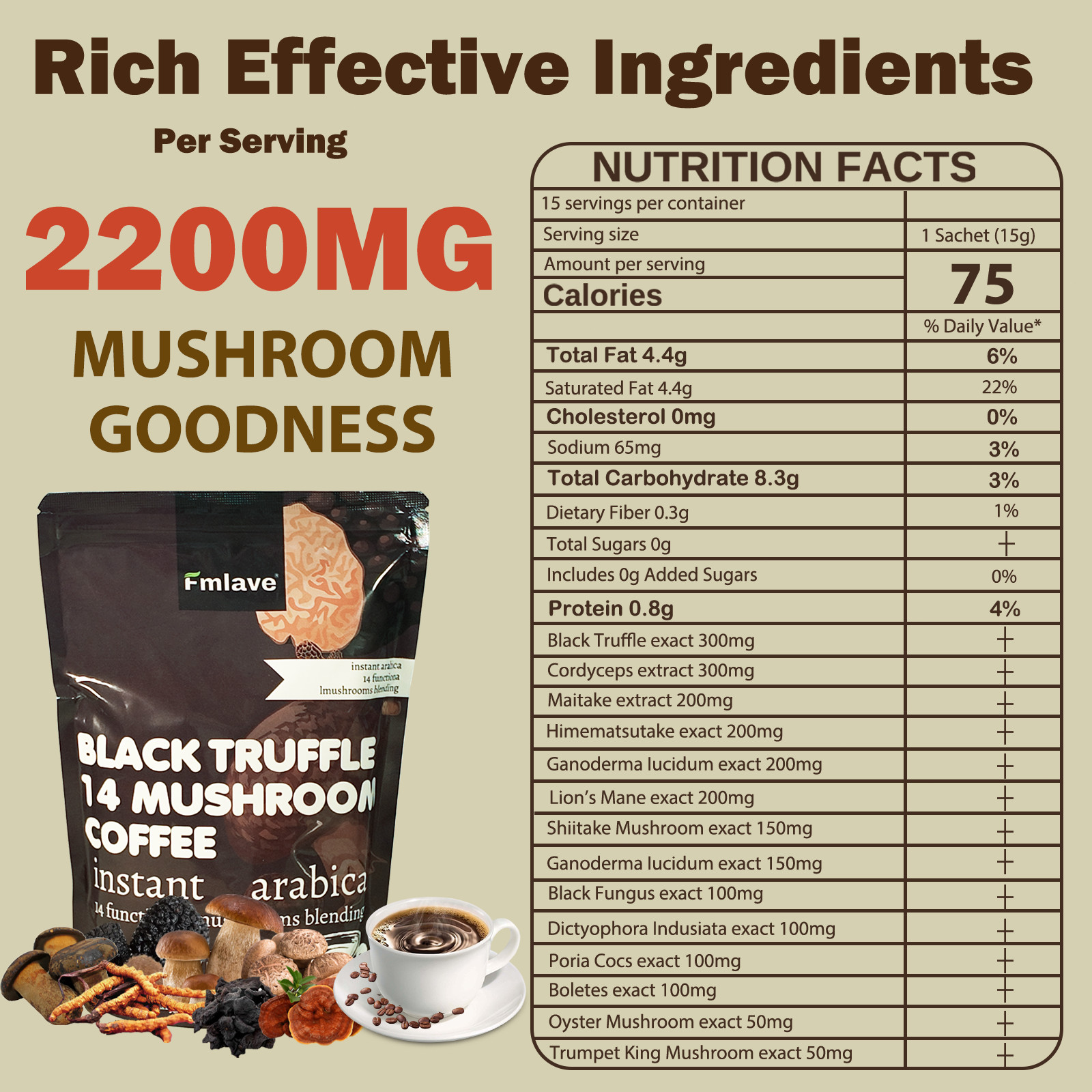 Organic Mushroom Coffee Instant Coffee, 14 Mushroom Extract Energy & Brain Boost