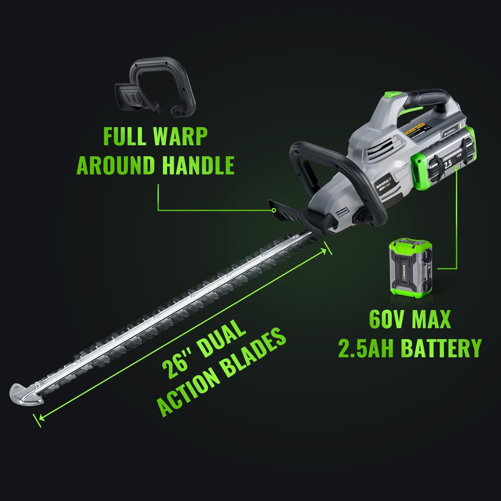 NovorikX 60V 26″ Cordless Hedge Trimmers HedgeTrimmer 2.5AH, Green