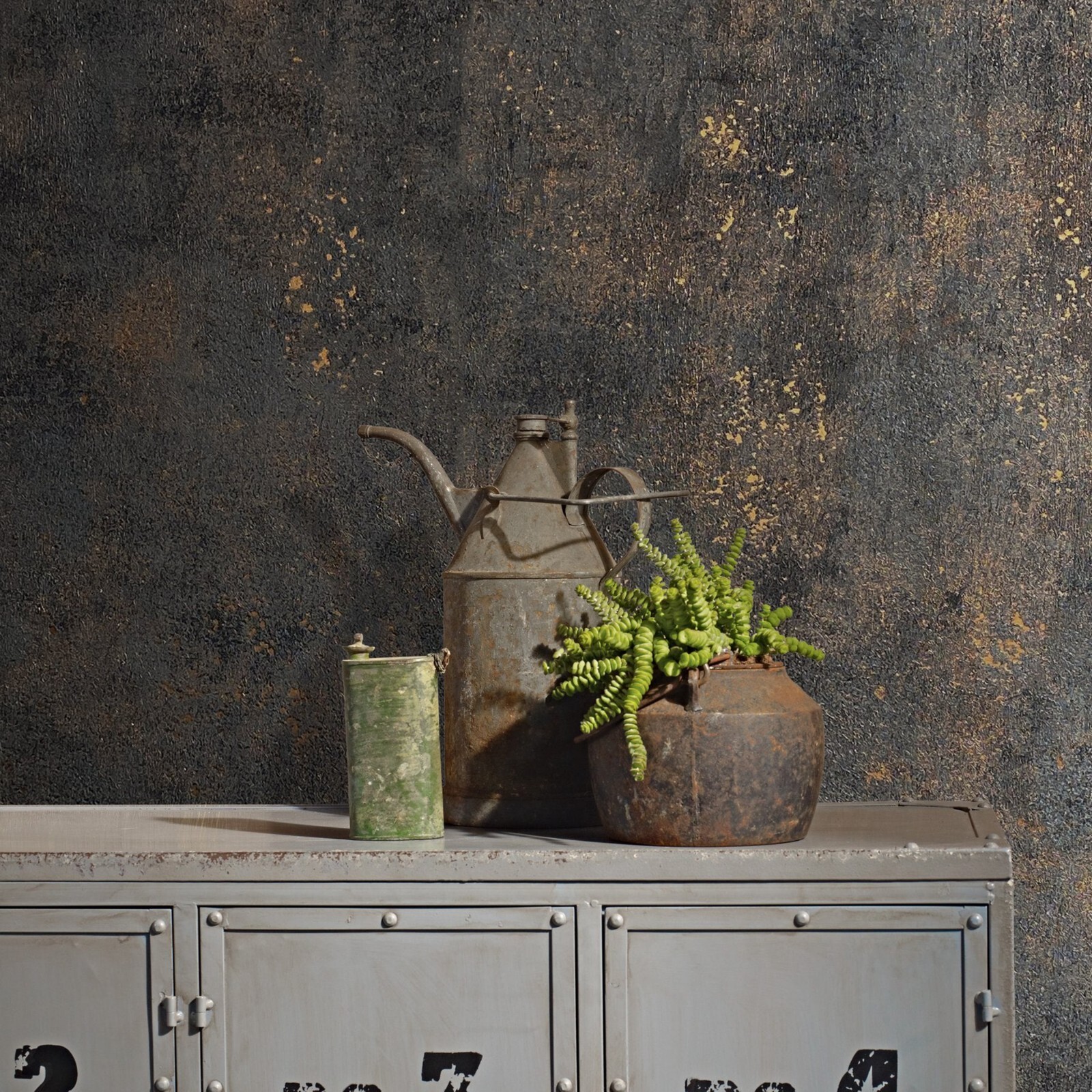 Distressed paint gray rose gold metallic faux concrete plaster texture wallpaper