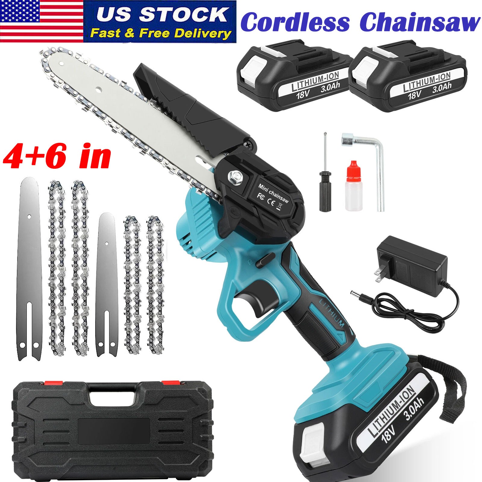 4 & 6 inch Electric Mini Chainsaw w/ 3Ah Battery Handheld Cordless Wood Chainsaw