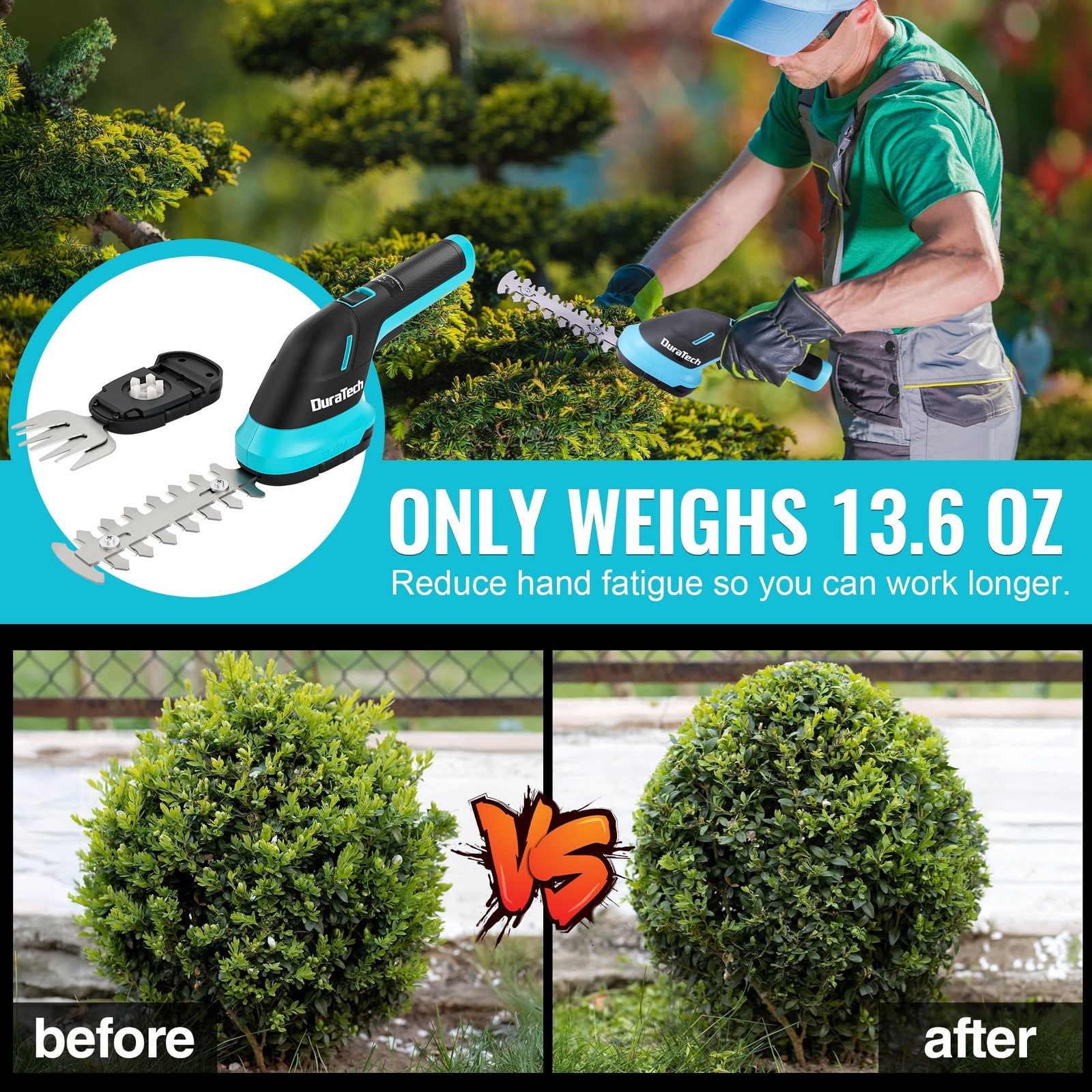 DURATECH 3.6V 3-in-1 Cordless Hedge Trimmer 50″ Wheeled Extension Pole USB-C