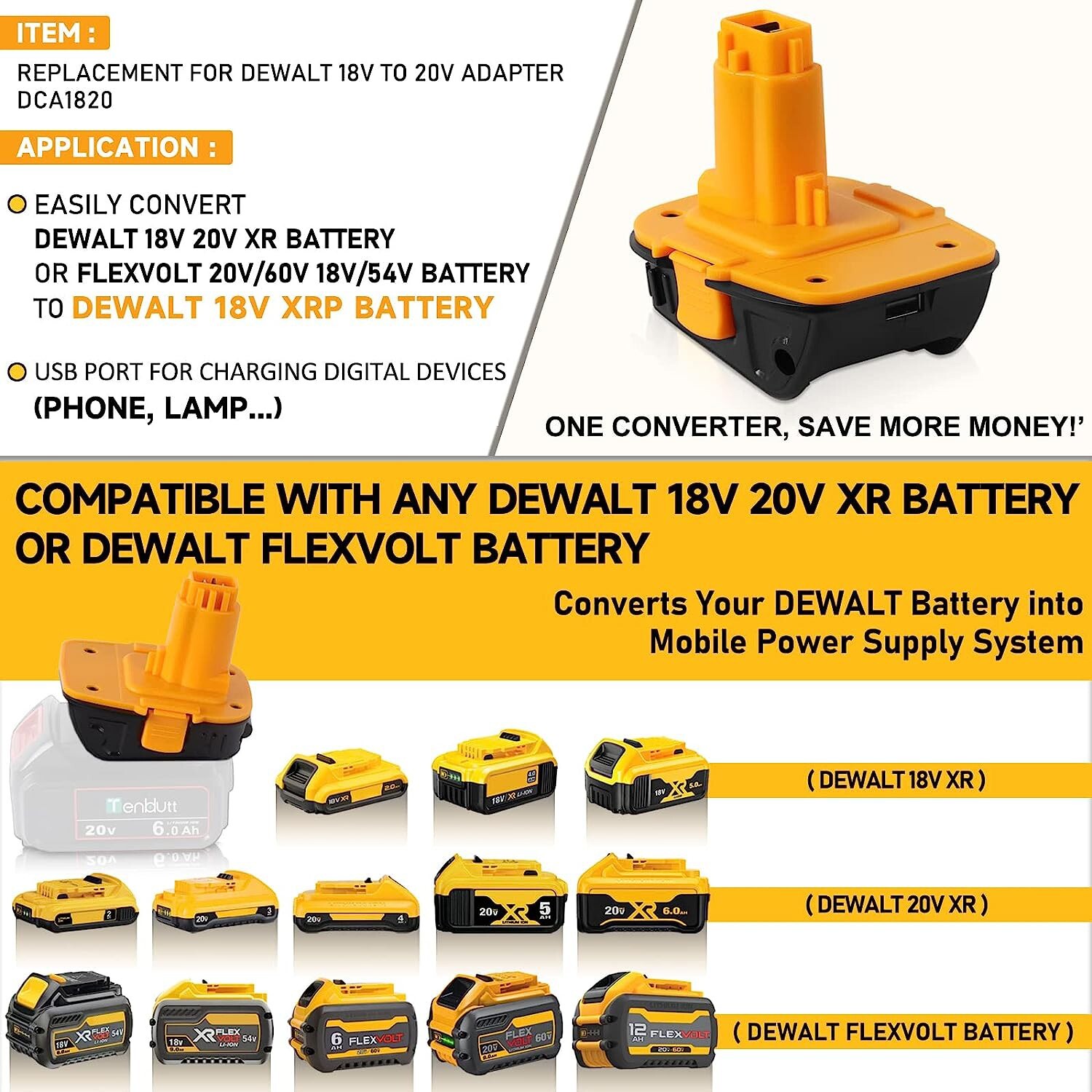 2Pack 18V To 20V MAX DCA1820 Battery Adapter For Dewalt Li-ion Tools Converter