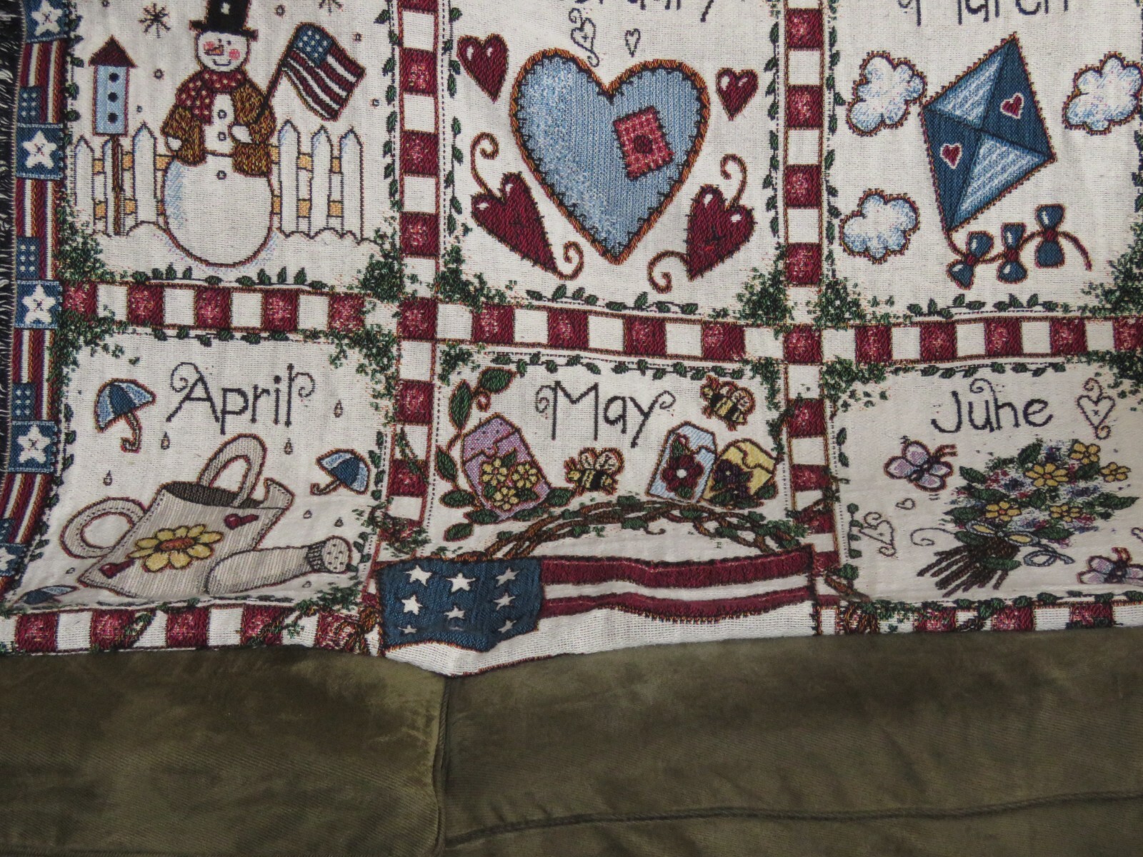 Tapestry Throw Afghan Blanket AMERICANA 12 Months Calendar Seasons VINTAGE