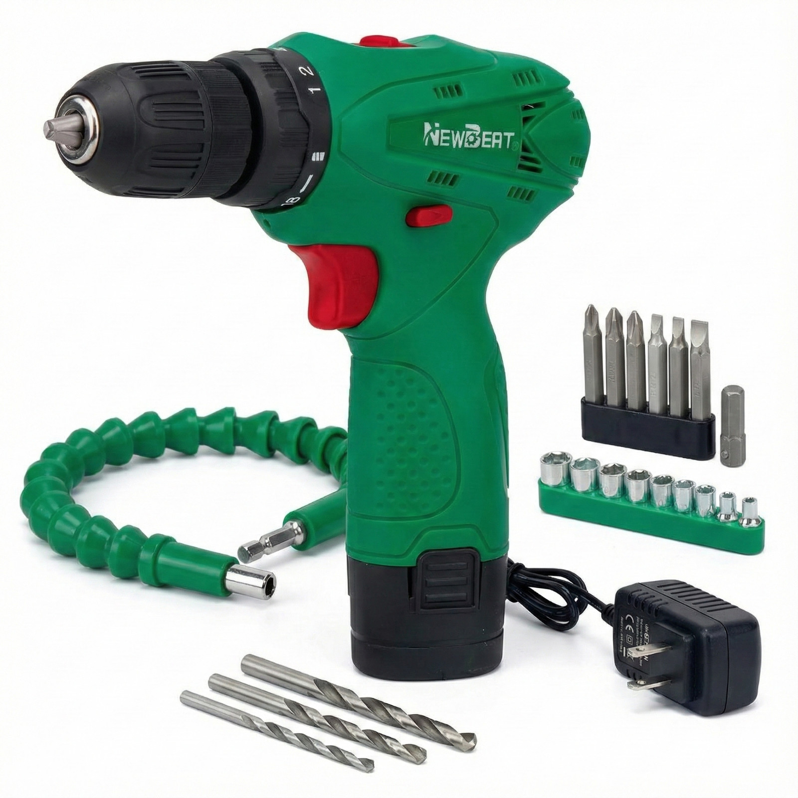 Electric Drill Set 12V Li-Ion Green Woodworking 18+1 Torque 1500RPM w/ Case