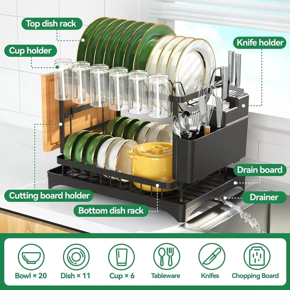 2 Tier Dish Drainer Rack with Drip Tray Cutlery Holder Plate Racks Kitchen Sink