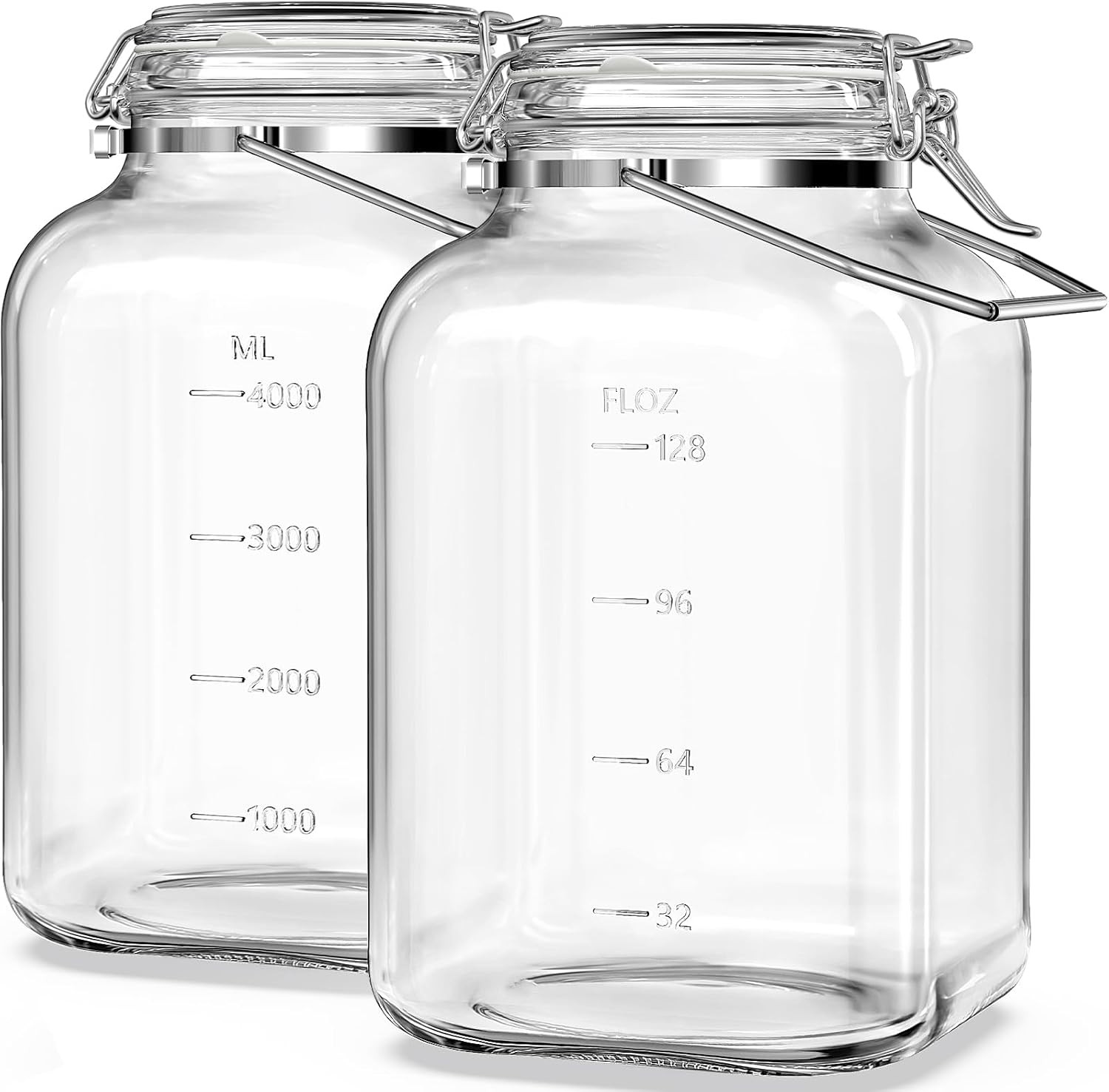 Folinstall 2 Pack 1.5 Gallon Glass Jar with Airtight Lid, 192 Oz Square Wide Mou