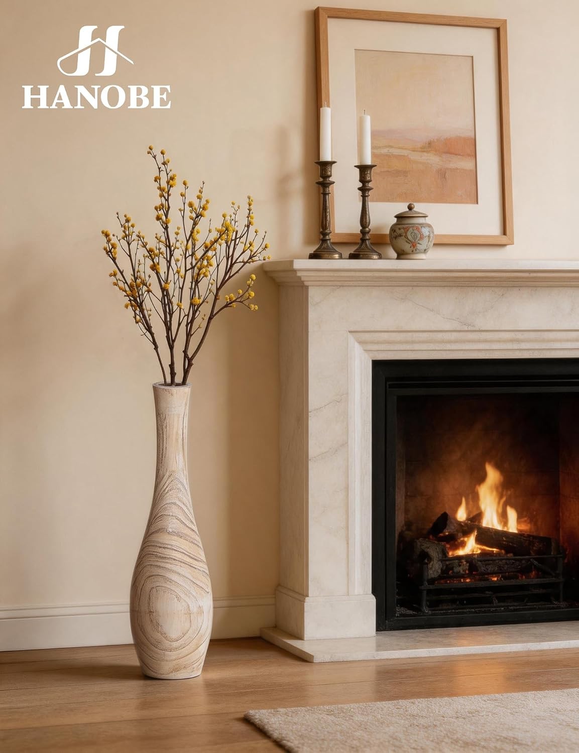 Hanobe Tall Floor Vase 22″-Slender Beige Boho Vase for Pampas Grass-Decor