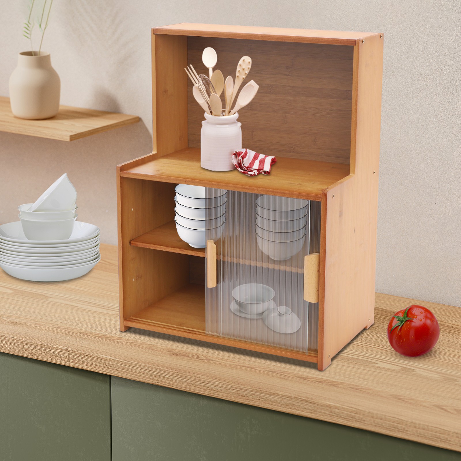 Kitchen Pantry Cabinet Small Storage Cabinet Cupboard with Sliding Glass Doors