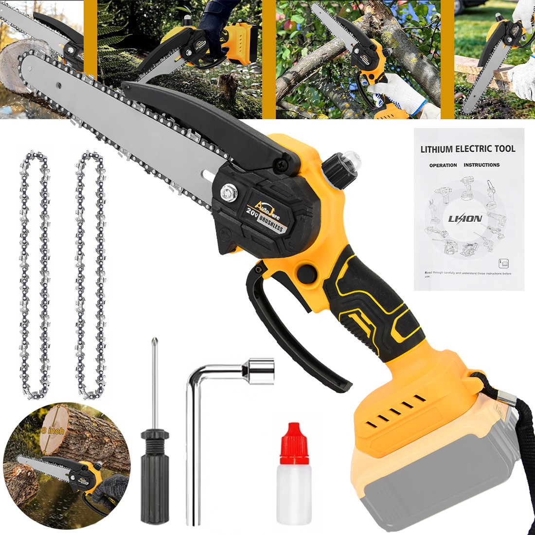 8 inch Electric Mini chainsaw Cordless Handheld Chain Saw 2 Chains for Dewalt