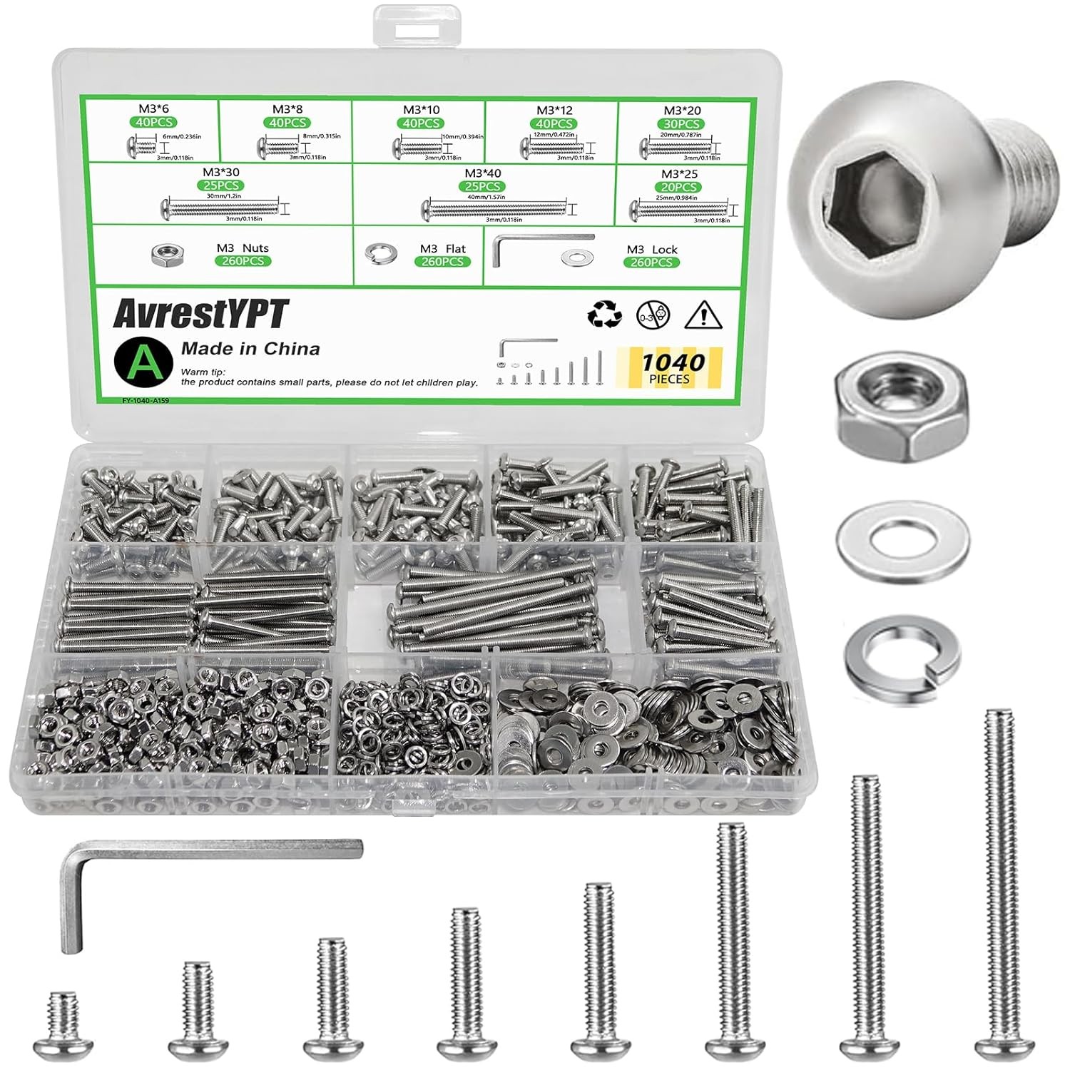 1040 PCS M3 Hex Button Head Cap Screw Bolts Nuts Washers Assortment kit(6-40 mm)