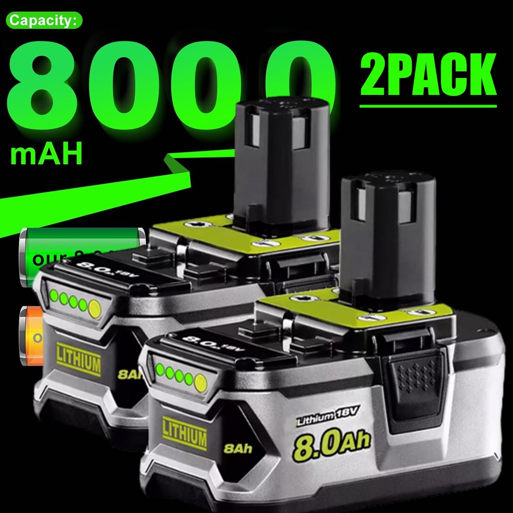 2PCS 8.0AH Battery For RYOBI 18V Battery P108 One Plus High Capacity P102, P105
