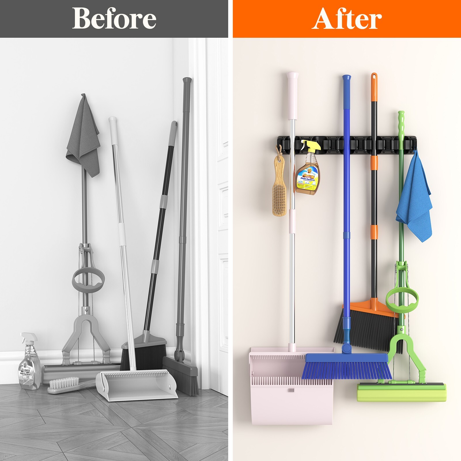 Lifewit Mop and Broom Holder Wall Mount, Anti-Slip Broom Hanger, 5 Slot 6 Hooks