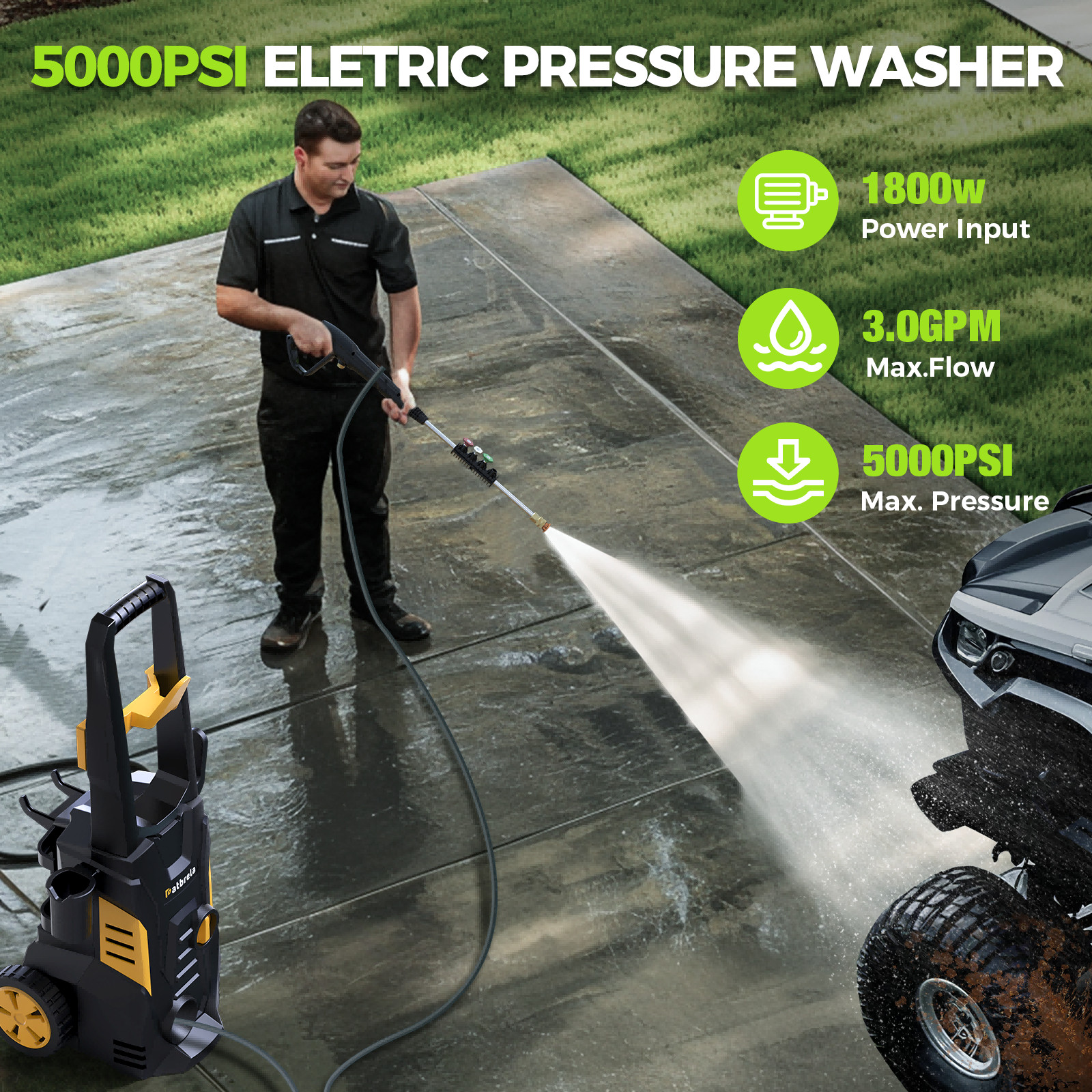 Electric Pressure Washer 5000PSI Max 3.0GPM Portable Power Washer 4 Quick Nozzle